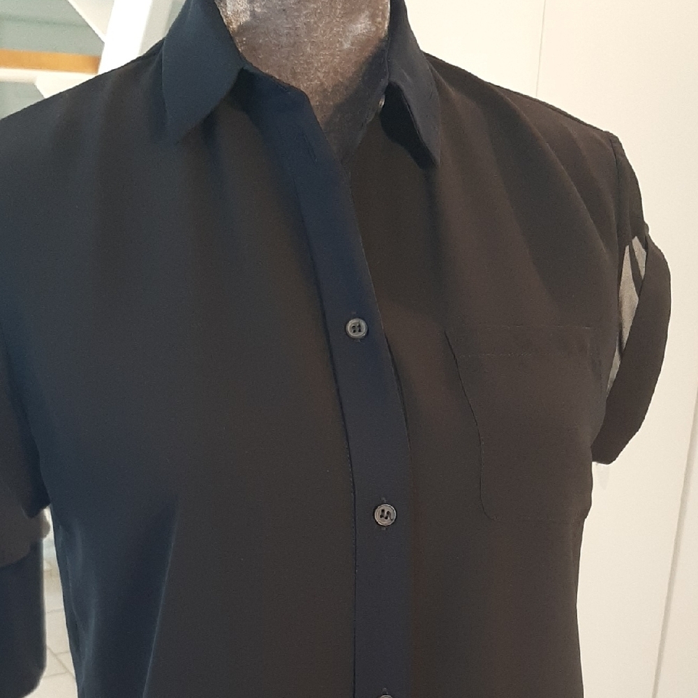 ALLSAINTS😇NAVY & Black PRETTY Lightweight FULL BUTTON Up SHEER SLEEVES High Low - Picture 5 of 13